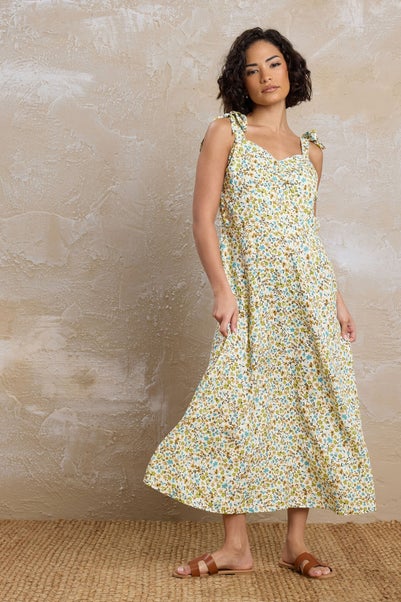 PixieGirl Petite Green Ditsy Floral Tie Shoulder Midi Dress
