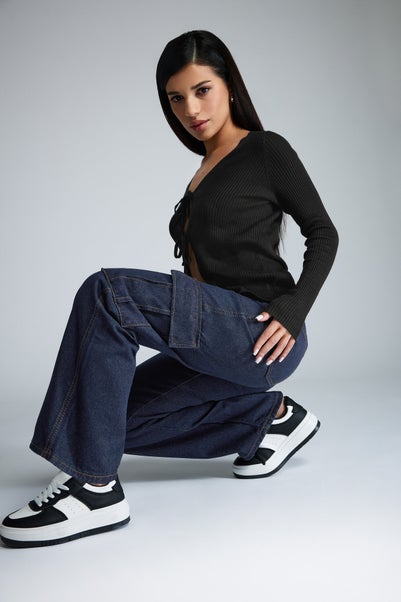 Pixiegirl Petite Indigo Blue Non-Stretch Utility Cargo Jeans