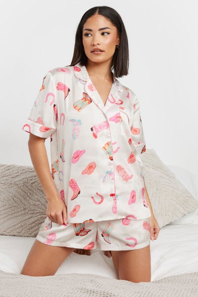 PixieGirl Petite White Satin Cowboy Graphic Short Pyjama Set
