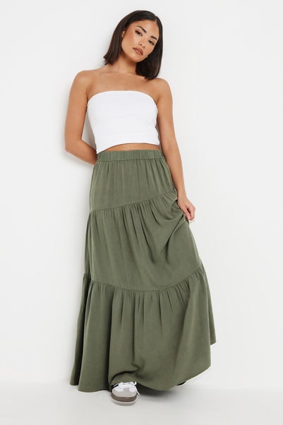 Pixiegirl Petite Khaki Green Asymmetric Tiered Maxi Skirt