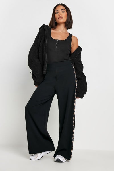 Pixiegirl Black Leopard Print Side Stripe Wide Leg Trousers