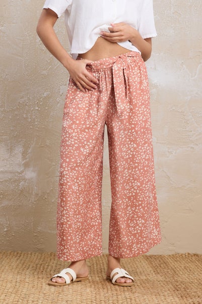 Pixiegirl Coral Pink Ditsy Floral Cropped Trousers