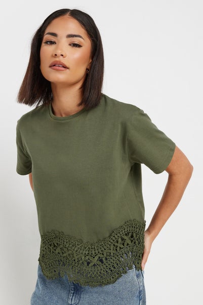 PixieGirl Petite Khaki Green Crochet Hemline T-Shirt