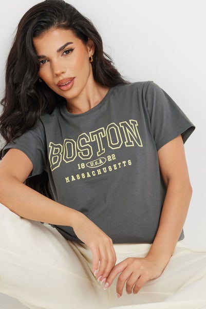 Pixiegirl Grey Boston Slogan T-Shirt