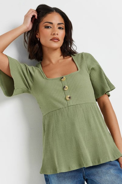 Pixiegirl Petite Sage Green Ribbed Smock Top