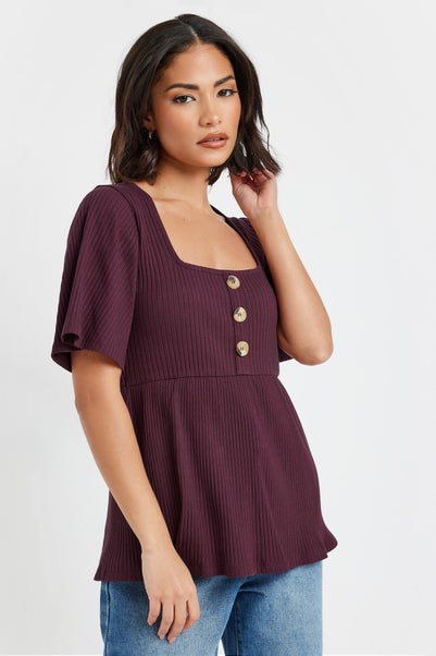 Pixiegirl Petite Burgundy Red Ribbed Smock Top