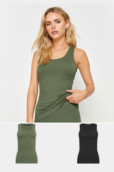 Pixiegirl Petite 2 Pack Khaki Green & Black Ribbed Racer Back Vest Tops