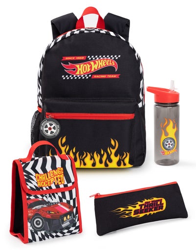Hot Wheels Checkerboard Flame Kids Black 4 Piece Backpack Set