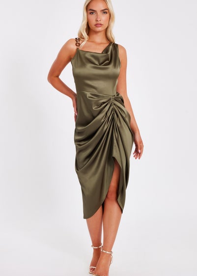 Quiz Khaki Satin Ruched Midi Dress