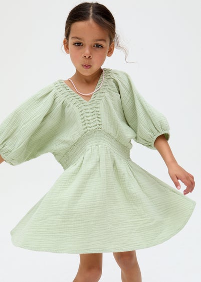 Raffya Kids Green Soipoi Ruched V-neck Dress (3-9 Years)