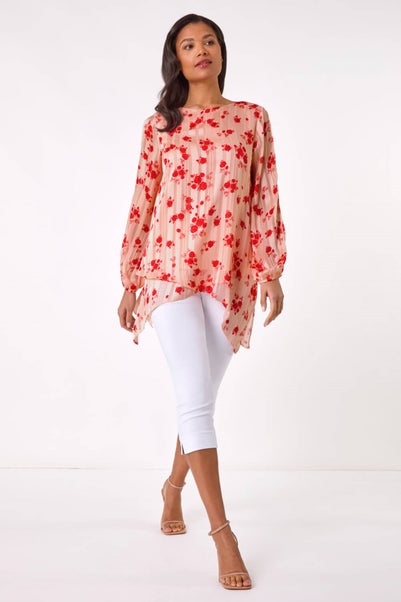 Roman Light Pink Rose Print Metallic Tunic Top