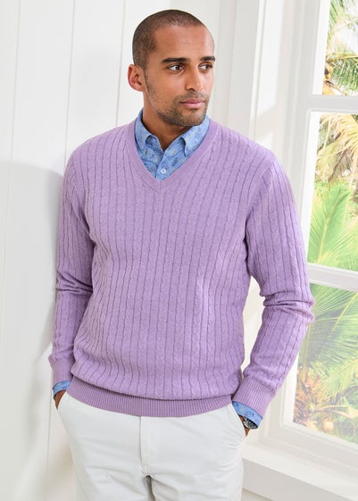 Cotton Traders Deep Lilac Cotton V-Neck Cable Jumper
