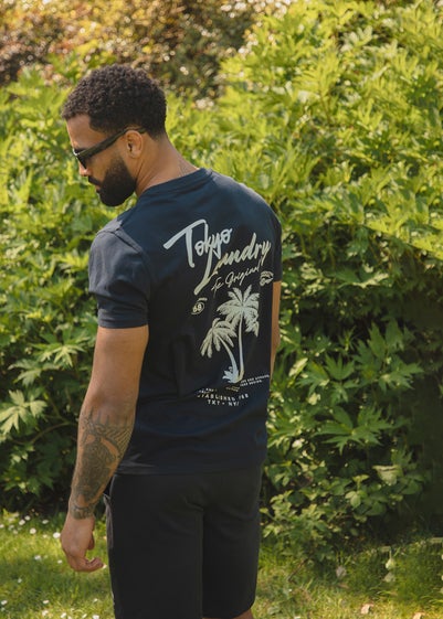 Tokyo Laundry Navy Beach Logo T-Shirt & Jogger Short Set
