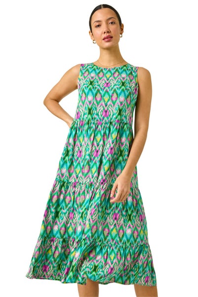 Roman Green Abstract Print Smock Midi Dress
