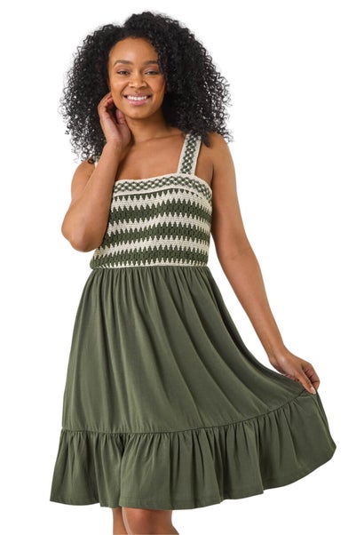 Roman Khaki Petite Crochet Trim Strap Dress