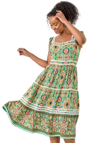 Roman Green Petite Abstract Frill Ric Rac Midi Dress