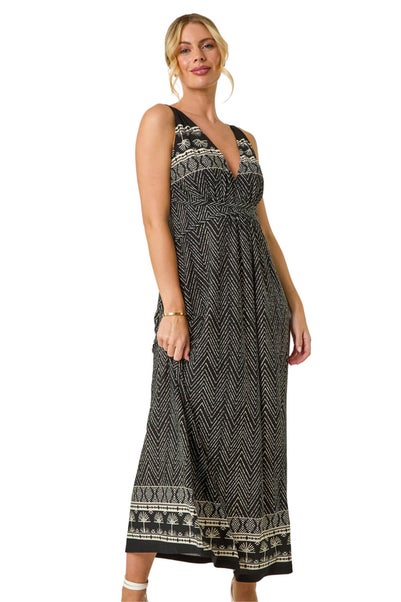 Roman Black Petite Palm Print Border Maxi Dress