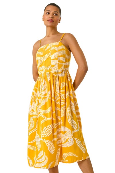Roman Yellow Leaf Print Strap Midi Dress