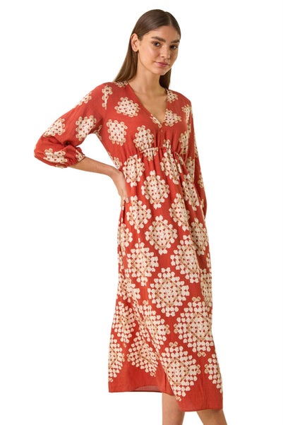Roman Rust Geo Print V-Neck Midi Dress