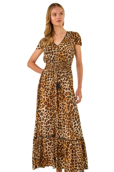 Roman Tan Animal Print Shirred Maxi Dress