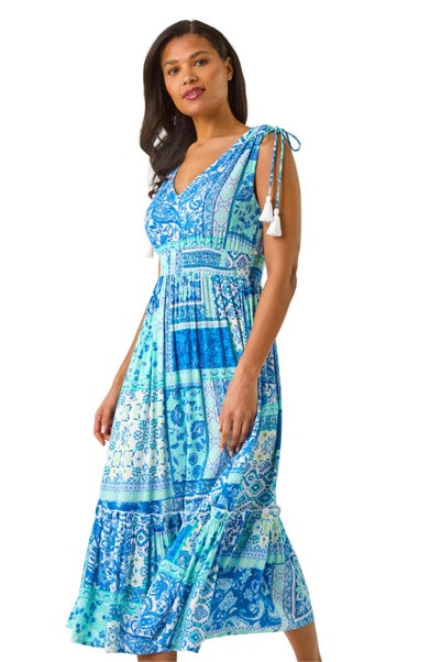 Roman Light Blue Patchwork Shimmer Maxi Dress