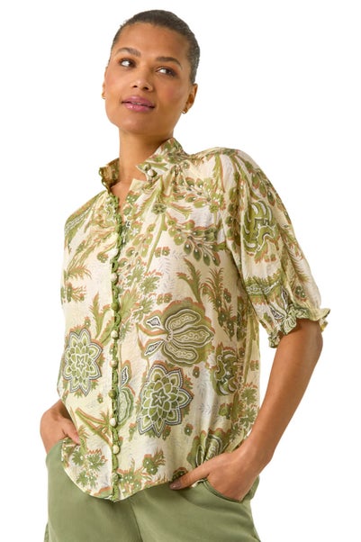 Roman Green Floral Print Trim Detail Blouse