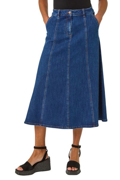 Roman Indigo Cotton Denim Panelled Midi Skirt