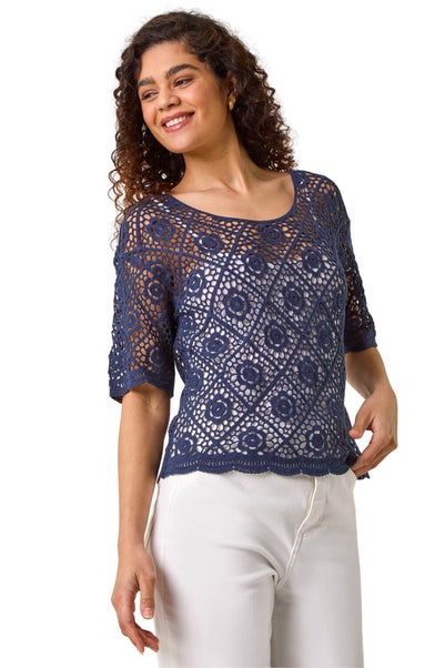 Roman Navy Cotton Crochet T-Shirt