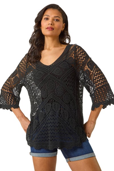 Roman Black Crochet Lace V-Neck Open Knit