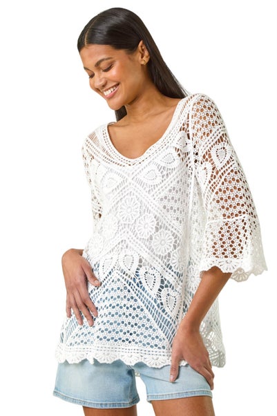 Roman Ivory Crochet Lace V-Neck Open Knit