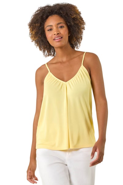 Roman Light Yellow Gathered V-Neck Stretch Vest Top