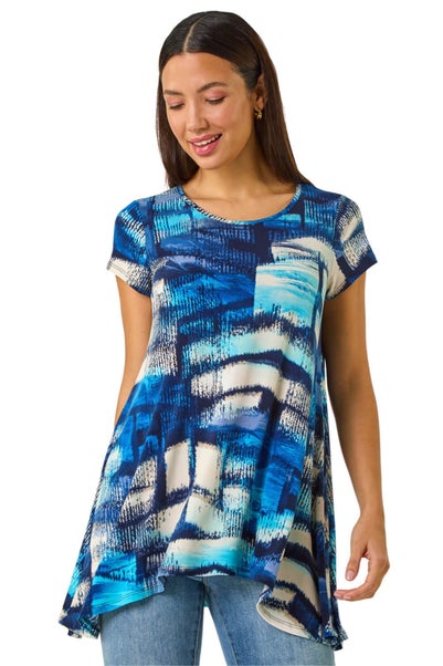 Roman Blue Abstract Print Stretch Tunic Top