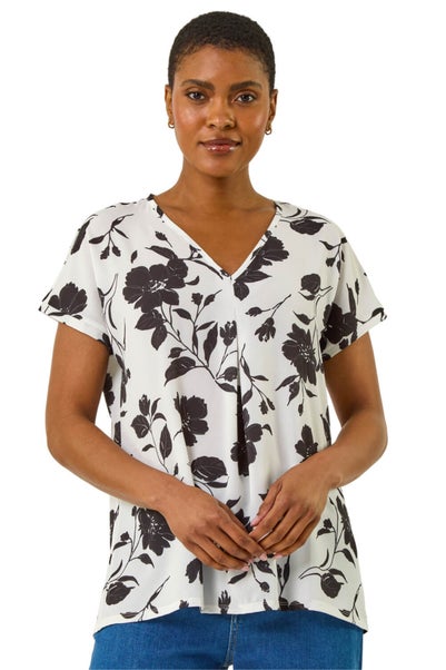 Roman Black Mono Floral Print Pleat Front Top