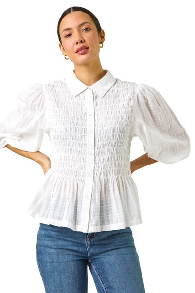 Roman Ivory Collar Shirred Button Blouse