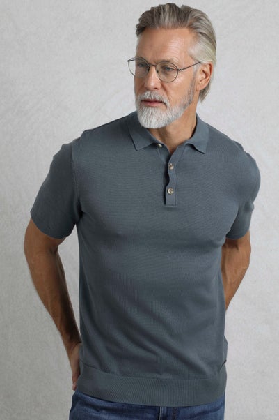 Weird Fish Grey/Blue Quentin Short Sleeve Knitted Polo Shirt