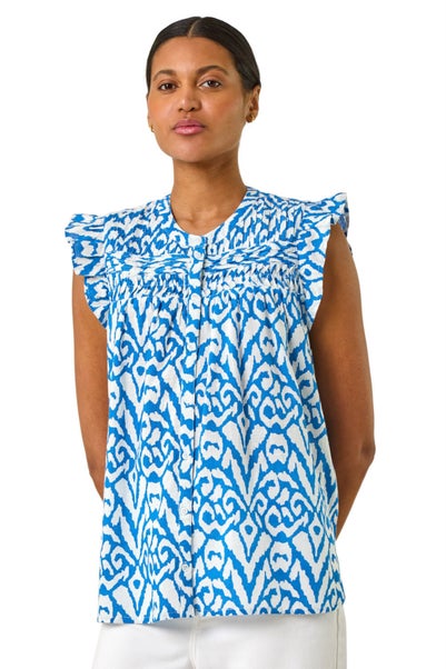 Roman Blue Abstract Print Pleated Sleeve Blouse
