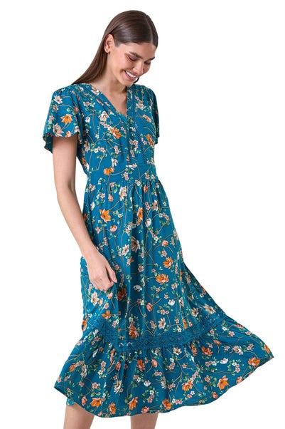Roman Dark Green Floral Lace Trim Pocket Midi Dress