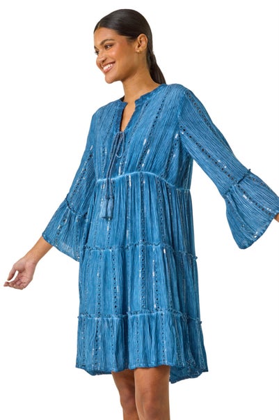 Roman Denim Shimmer Tie Detail Smock Dress