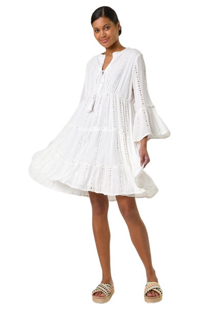 Roman White Shimmer Tie Detail Smock Dress