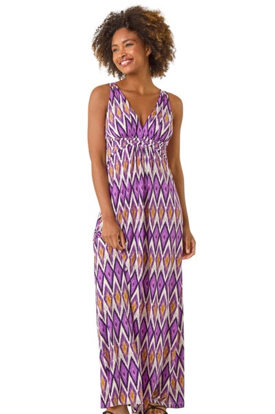Roman Purple Geometric V-Neck Maxi Dress