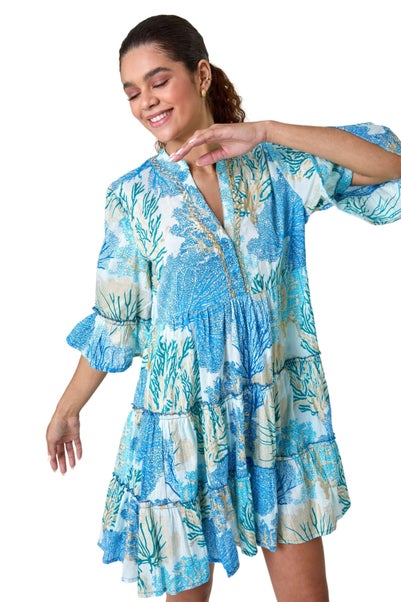 Roman Blue Embroidered Cotton Printed Frill Smock Dress