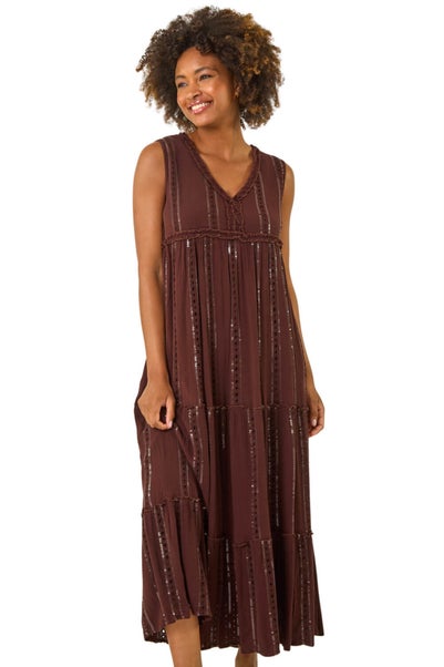 Roman Chocolate Sequin Tiered Maxi Dress