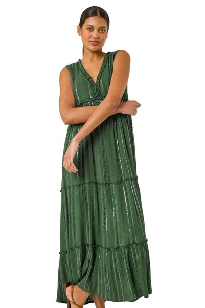 Roman Dark Green Sequin Tiered Maxi Dress