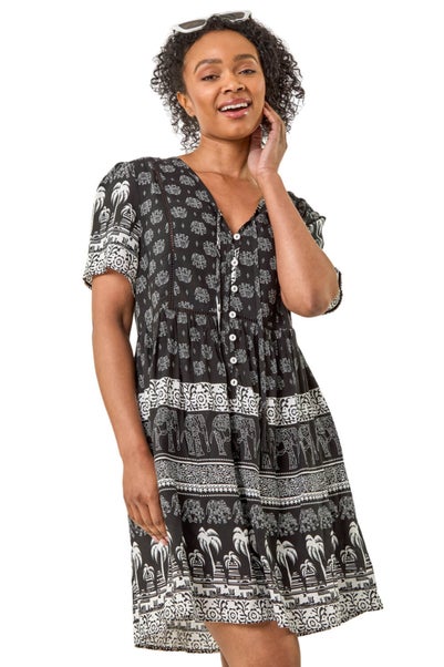 Roman Black Petite Elephant Print Smock Dress