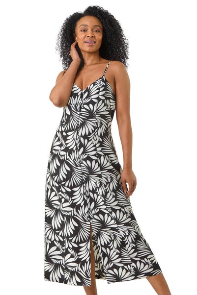 Roman Black Petite Print Button Midi Dress