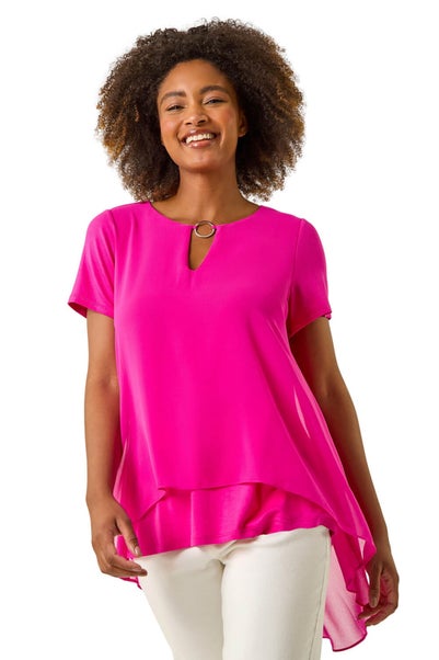Roman Cerise Ring Front Chiffon Overlay Top