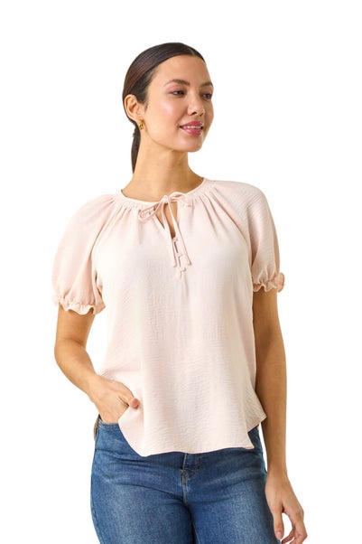Roman Light Pink Tie Front Frill Sleeve Top