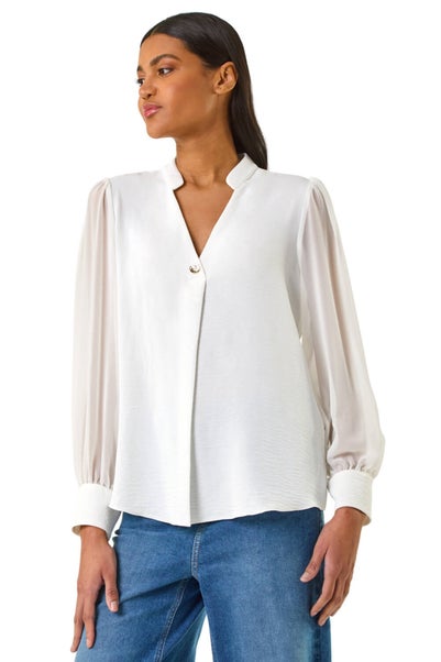 Roman Ivory Chiffon Sleeve V-Neck Pleated Top