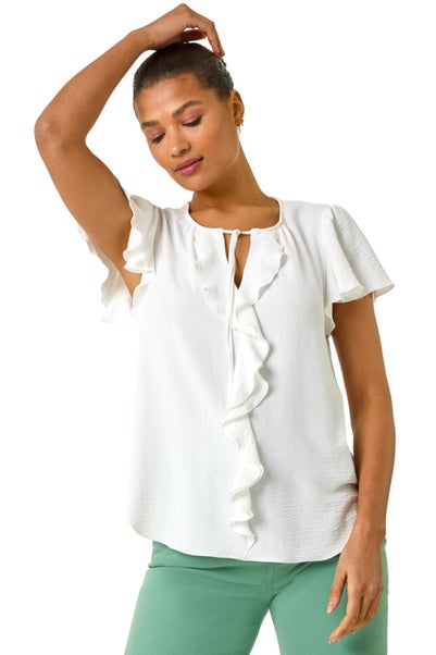 Roman Ivory Frilled Sleeve Tie Front Top