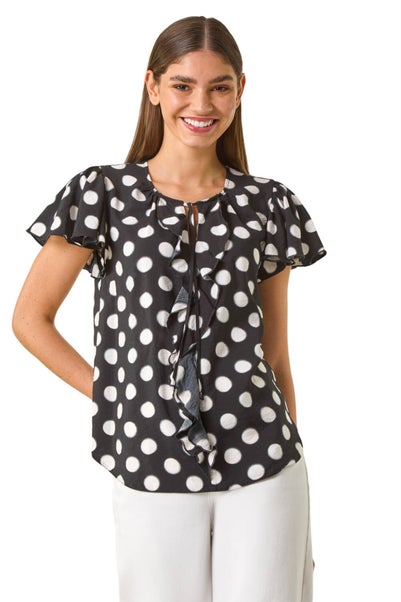 Roman Black Spot Print Ruffle Tie Front Top